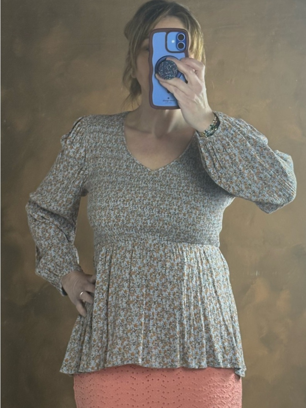 Floral Smocked Long-Sleeve Peplum Top- Cream & Brown